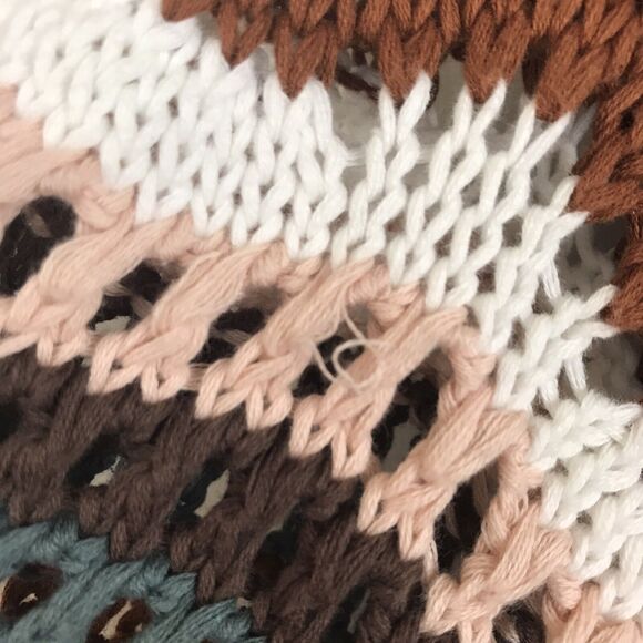 Evereve Open Knit Sweater Short Sleeve 100% Cotton Brown Blue White Stripe Large - Picture 4 of 8